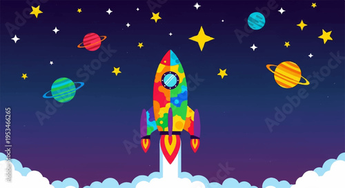 Colorful rocket ship blasts off into vibrant starry night sky with planets and celestial bodies