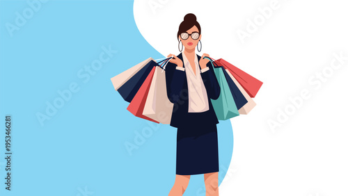 Fashionable woman in a business suit and glasses carries multiple colorful shopping bags from a successful retail therapy session.