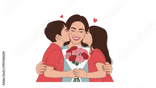 Happy mother smiles as her two young children embrace her and give her a beautiful bouquet of red and pink carnations with love.