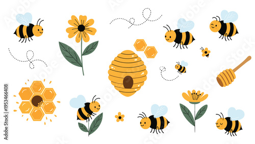 Cute cartoon illustrations of busy honeybees flying around flowers, a beehive, and honeycombs in a playful and friendly style.