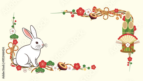 Japanese new year border features a white rabbit sitting among traditional motifs like plum blossoms and bamboo kadomatsu.