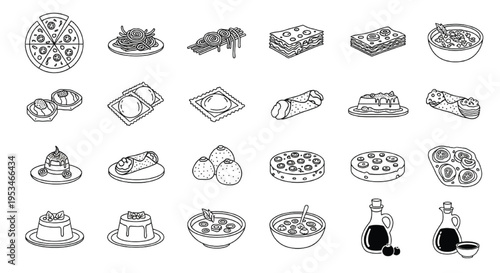 Italian Food Line Icon Set, Pizza Pasta Desserts and Cuisine Outline Vector Collection Isolated