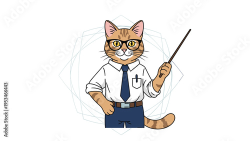 Intelligent ginger cat dressed as a professor wearing a shirt, tie, and glasses holds a pointer stick to give a lesson or talk.