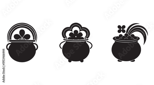 Black silhouettes of three cauldrons with shamrocks and steam on white background for st patricks day