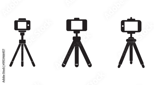 Black silhouettes of three different camera tripods with blank screens on top for photography and videography equipment isolated on white background  tripod for smartphone and digital camera