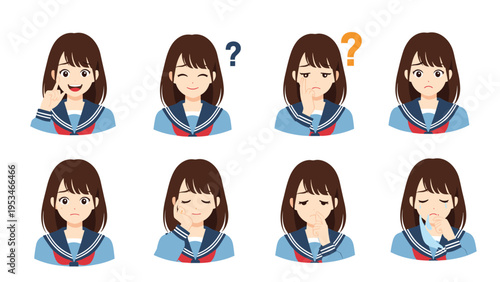 Set of eight facial expressions for a schoolgirl character includes happy, sad, thinking, and crying to show various emotions.
