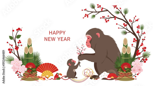 Traditional japanese new year card shows a mother and baby monkey exchanging plum blossoms amidst festive and lucky ornaments.