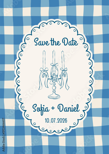 Minimalist whimsical wedding invitation template. Vintage wedding invitation template with line elegant candles