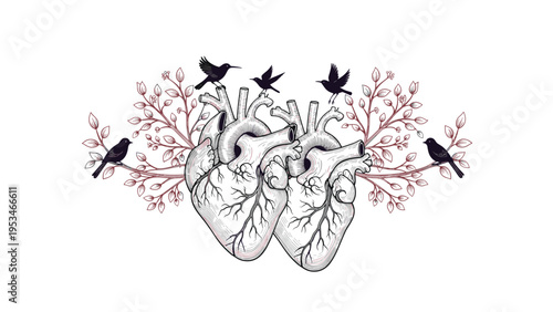 Two human hearts joined together with branches and birds symbolizing deep love and biological connection in a vintage drawing style.