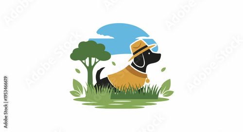 A black dog in a yellow vest and hat sits in grass near a tree