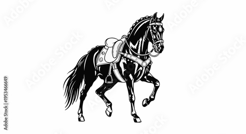 A black horse with a saddle and bridle, in motion