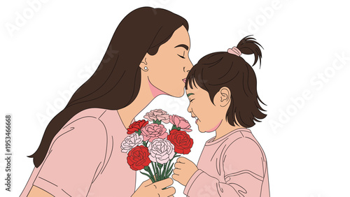 Heartwarming scene of a mother kissing her young daughter on the forehead while holding a beautiful bouquet of carnation flowers.