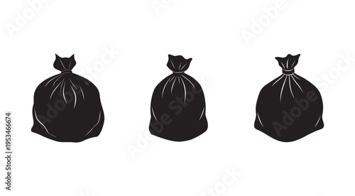 Black trash bags with white lines on white background for waste disposal and recycling concepts  simple illustrations