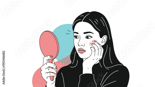 Young woman looking at her reflection in a hand mirror while touching a pimple on her cheek expressing skin concern and beauty care.