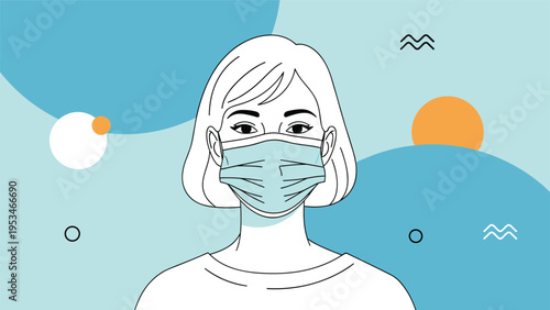 Portrait of a woman wearing a blue surgical face mask against an abstract geometric background for health and safety awareness.