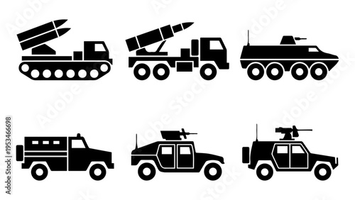 military vehicles and equipment set in flat design vector illustration