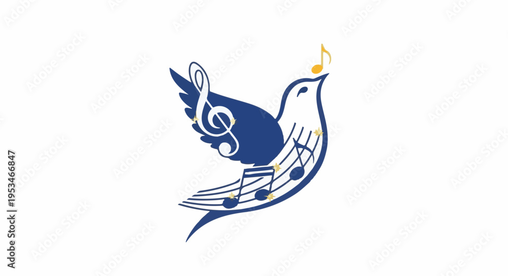 Obraz premium A blue dove with musical notes and stars, singing a golden note