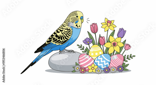 A blue budgie sits on a rock near Easter eggs and flowers