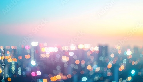 パステルカラーで描かれた未来都市の夜景ボケ背景、夢のような雰囲気