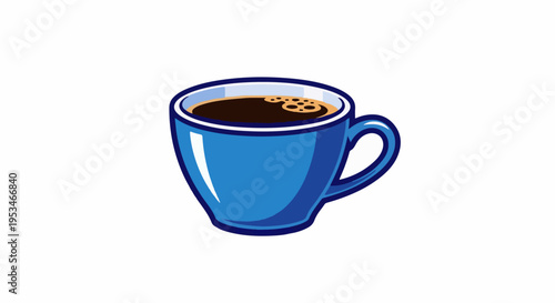 A blue cup filled with dark coffee, showing a few bubbles on top