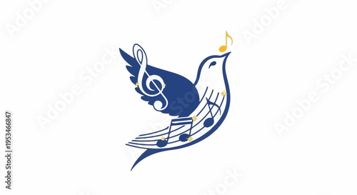 A blue dove with musical notes and stars, singing a golden note
