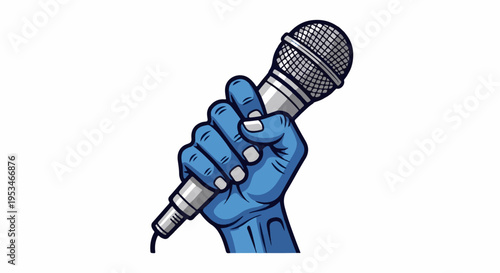 A blue gloved hand firmly grips a silver microphone against a white backdrop