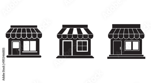 Blackandwhite illustrations of three small shops with awnings and windows  storefronts  facades