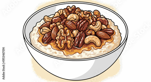 A bowl of creamy porridge topped with assorted nuts and a sweet glaze