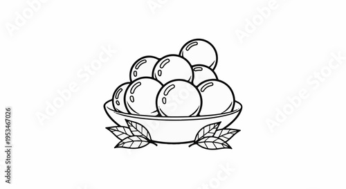 A bowl of round fruits with leaves at the base, simple line drawing