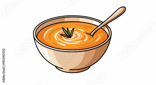 A bowl of warm, orange soup with a swirl of cream and a sprig of rosemary
