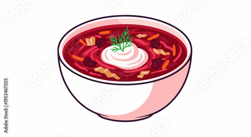 A bowl of hearty beet soup with creamy topping and herbs