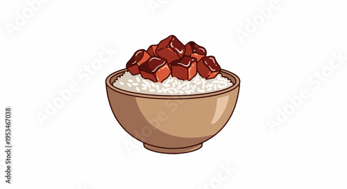 A bowl of white rice topped with glistening, cubed, saucy meat