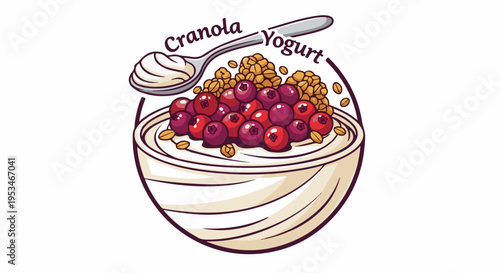 A bowl of yogurt topped with berries and granola, with a spoon
