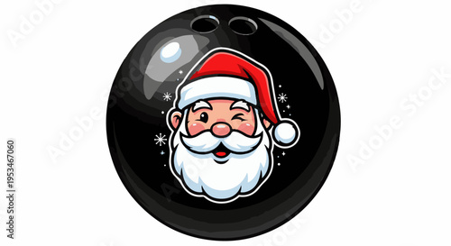 A bowling ball features a festive design of Santa Claus with snowflakes around him