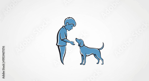A boy and his dog interact in a simple blue line drawing