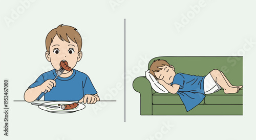 A boy eats sausage at a table then naps on a green couch