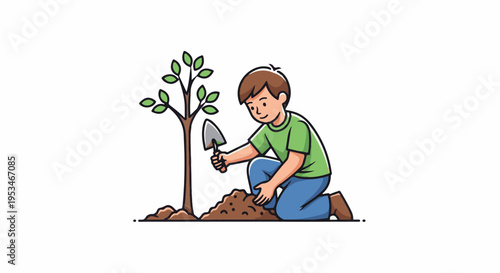 A boy plants a sapling with a trowel, surrounded by soil