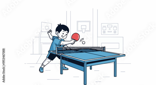 A boy enthusiastically plays table tennis, aiming to hit the ball