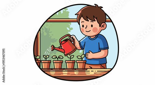 A boy waters tiny plants in pots on a windowsill with a red watering can