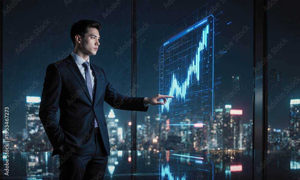 Fototapeta premium Trading hologram businessman interacting with a futuristic financial interface overlooking a nocturnal city skyline