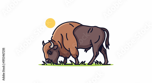 A brown bison grazes on green grass under a yellow sun