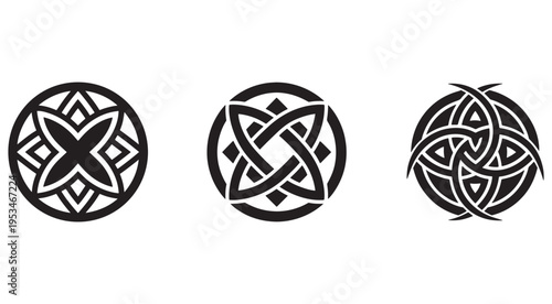 Celtic knotwork designs in circular patterns with geometric shapes and lines  traditional ornamental motifs