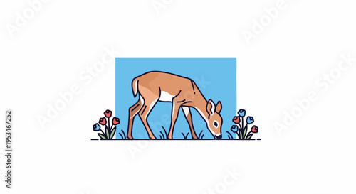 A brown fawn grazes on grass with red and blue flowers