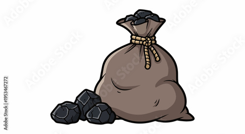 A brown burlap sack tied with rope, overflowing with black lumps