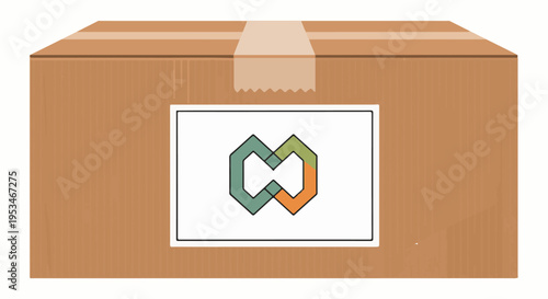 A brown cardboard shipping box with tape and a graphic label