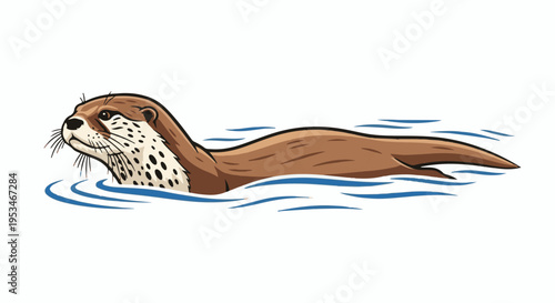 A brown otter with spotted cheeks swims in blue water