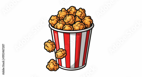 A bucket of golden popcorn overflowing, with pieces scattered around
