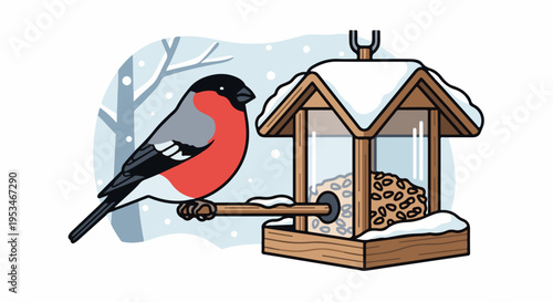 A bullfinch perches on a snow-covered bird feeder full of seeds in winter