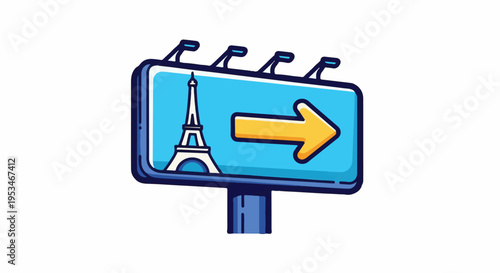 A cartoon billboard shows the Eiffel Tower with a yellow arrow pointing right