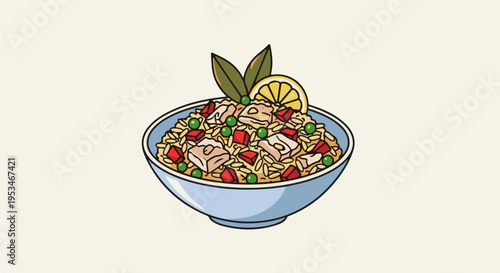 A cartoon bowl overflowing with rice, chicken pieces, peas, red peppers, lemon, and leaves